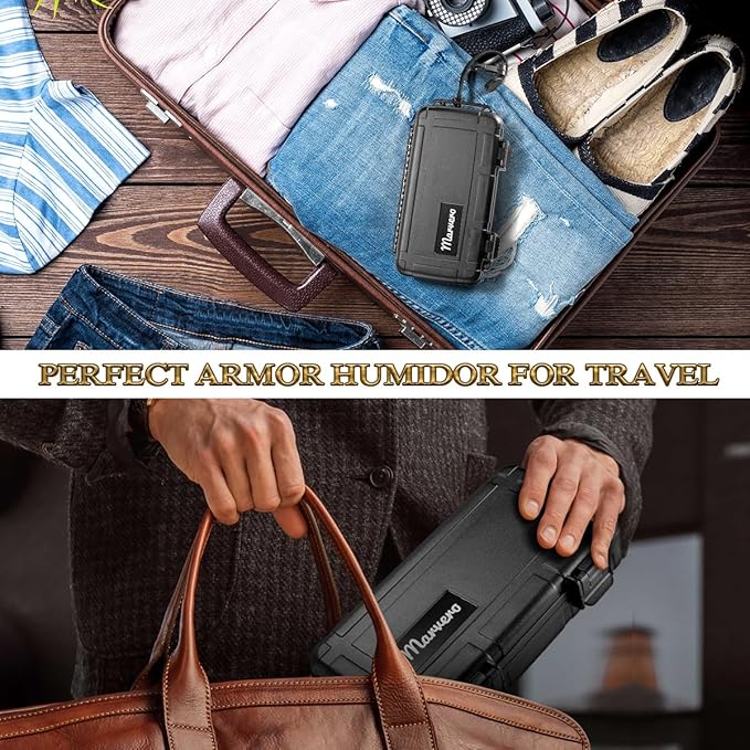 Portable Cigar Humidor Case - Travel Cigar Box with Built-in Humidifier Disc, Stickers & Cigar Cutter | Airtight | Portable | Water/Crushproof (Holds up to 5 Cigars)
