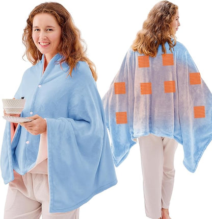 JOLLYVOGUE USB Heated Blanket Throw, Wearable & Portable Heating Electric Blanket for Adults, 3 Levels & 8 Heating Zone Shawl for Indoor & Outdoor, Light Blue (Battery Not Included)