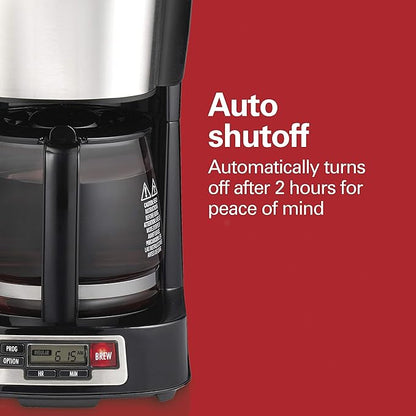 Hamilton Beach 5 Cup Drip Coffee Maker with Easy FrontFill Basket, Compact Design, Programmable Clock, Glass Carafe, Auto Pause and Pour, Black & Stainless Steel (46111)