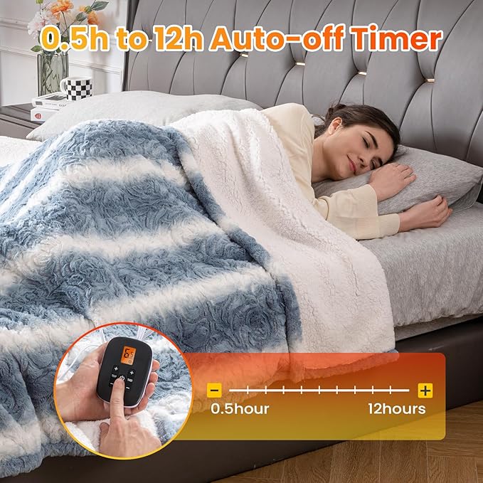 WOOMER Heated Blanket Full Size 77" x 84", Electric Blanket with a Control, 0.5-12 Hours Timer & 10 Heating Levels, ETL Certified, Blue White Flowers Patterns Faux Fur & Sherpa, Machine Washable