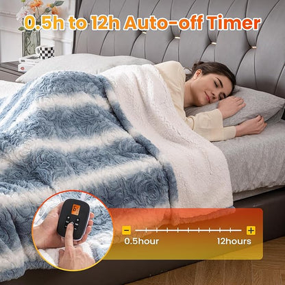 WOOMER Heated Blanket Full Size 77" x 84", Electric Blanket with a Control, 0.5-12 Hours Timer & 10 Heating Levels, ETL Certified, Blue White Flowers Patterns Faux Fur & Sherpa, Machine Washable