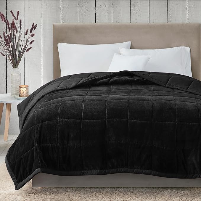 Madison Park Queen Cozy Blanket HeiQ Smart Temperature Plush to Microfiber Reverse Box Quilting, Reversible, Soft All Season, Lightweight Summer Cover, for Bed, Couch and Sofa, Full/Queen, Black