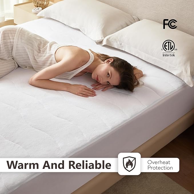 Wapaneus Quilted Wave Heated Mattress Pad Twin Size 10 Heat Settings with 1-12 Hours Timer Auto Off,Deep Pocket Fits up to 18",Coral Fleece Bed Warmer,ETL Listed Machine Washable,39"x75"