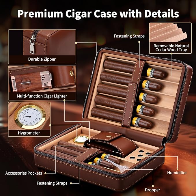 Travel Cigar Humidor Case, Cedar Wood Lined Leather Box w/ 3-in-1 Lighter-Built-in V Cutter/Holder, Humidifier, Hygrometer, Accessories Pocket, Portable 8 Cigars Storage, Gift for Men