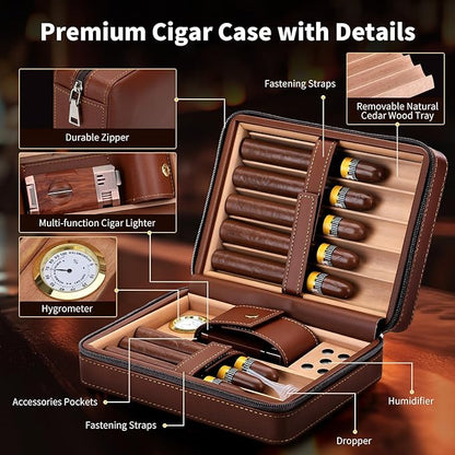 Travel Cigar Humidor Case, Cedar Wood Lined Leather Box w/ 3-in-1 Lighter-Built-in V Cutter/Holder, Humidifier, Hygrometer, Accessories Pocket, Portable 8 Cigars Storage, Gift for Men