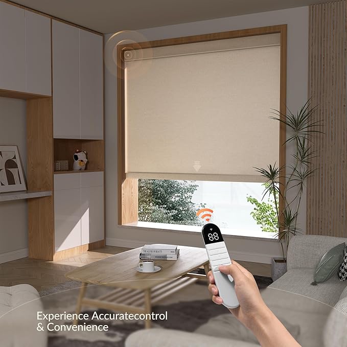 Boolegon Motorized Roller Blinds with Remote Control,Light Filtering Linen Fabric-Matched Automatic Roller Shades for Windows,Rechargeable Electric Window Shades for Home,Office,Beige,Custom Now