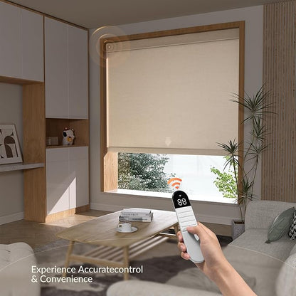 Boolegon Motorized Roller Blinds with Remote Control,Light Filtering Linen Fabric-Matched Automatic Roller Shades for Windows,Rechargeable Electric Window Shades for Home,Office,Beige,Custom Now