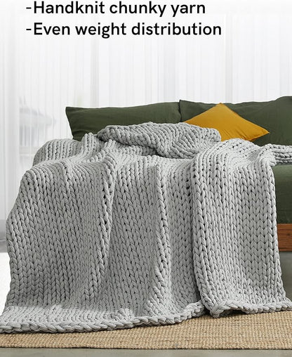 YnM 100% Cotton Weighted Blanket, Handmade Chunky Knitted Throw, No fillers Design, Soft and Breathable, Machine Washable Bed Blanket for Sleep or Home Decor (Lighte Grey, 80x84 Inch, 35lbs)