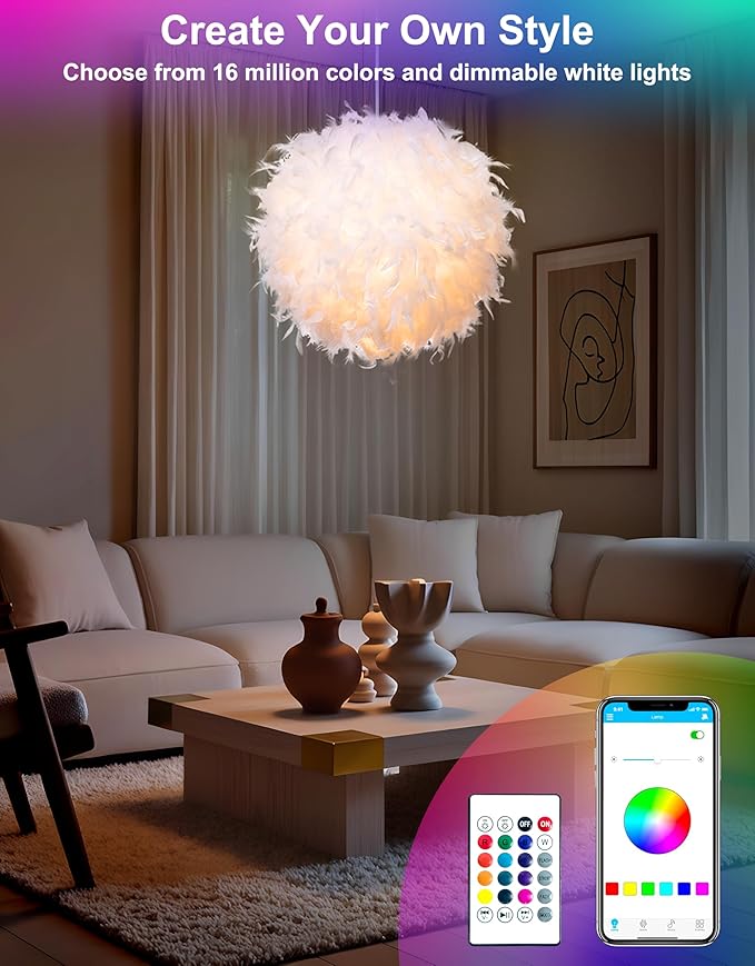 Star Vision Smart Feather Lamp with RGB Light Bulb, Built-in Bluetooth Speaker, Remote & APP Control, Fluffy Girl Room Decor, 600 Lumens, 19.7inches, White
