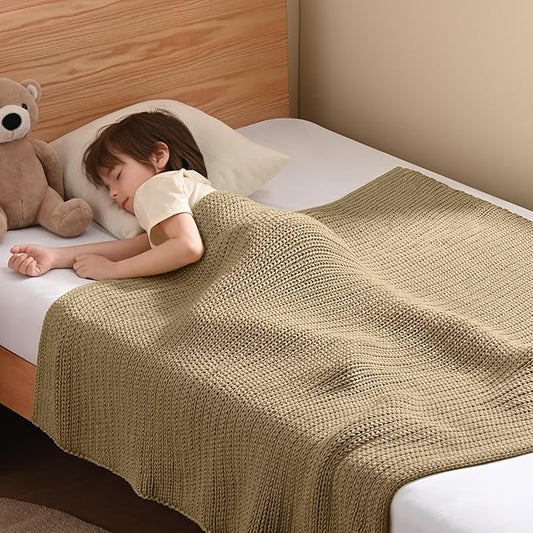Guohaoi Knitted Weighted Blanket Kids (Beige 50"x60" 7lbs) No Beads Cooling Heavy Blanket, Home Decor Breathable Chunky Knit Throw Blanket for All-Season Use