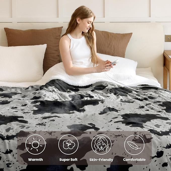 Heated Blanket King Blanket - Fast Heating Electric Blanket, Soft Flannel Heated King with 4 Time Settings,10 Heating Settings, Warm Gifts for Women & Mom & Grandma(90"x100"Cow Print Grey)