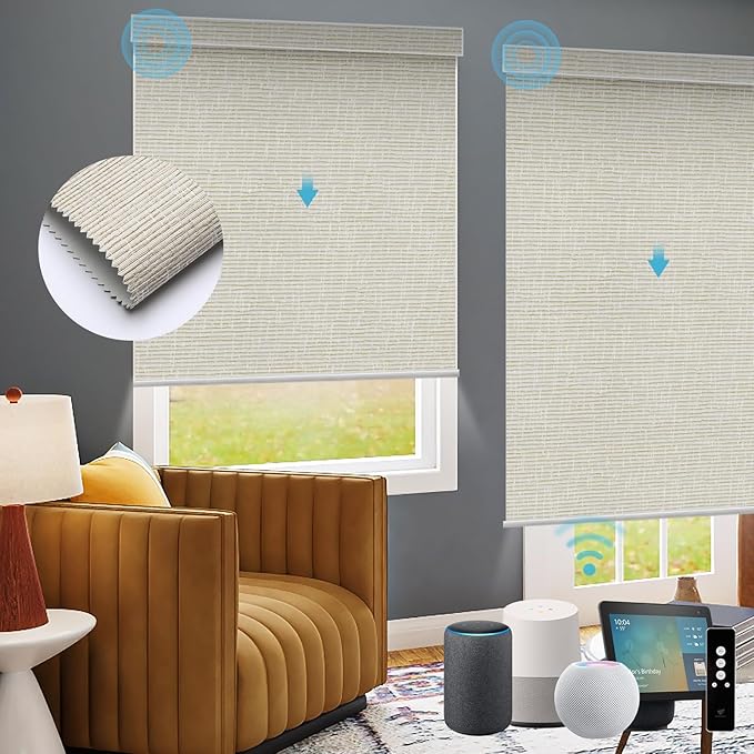 SmartWings Motorized Roller Shades Work with Homekit, Alexa Google, 100% Blackout Smart Blinds for Windows, Cordless Remote Control Window Shades, Safari Cream, Customized Size