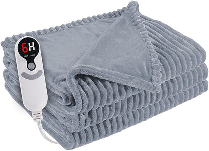 Electric Heated Blanket Throw Size 50"x60" with Cozy Flannel, 6 Heat Settings & 3 Hours Auto Off, Soft & Cozy Warming Throw for Home, Office, or Bed, Machine Washable, Grey