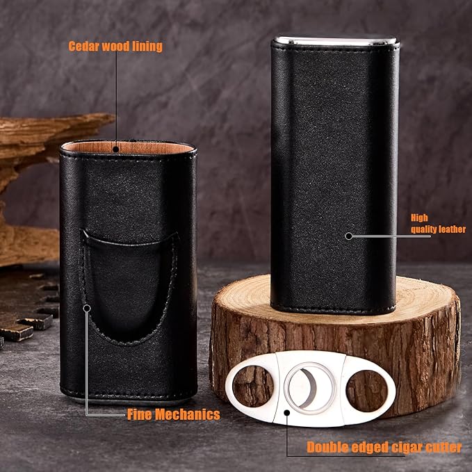 Leather Cigar Case, Travel Humidor Set, 3 Pack Black Cedar Wood Box with Cigar Cutter & Towel, Gift for Men, Portable Cigar Holder for Home & Travel, Mirror Base humidifiers Box Accessories