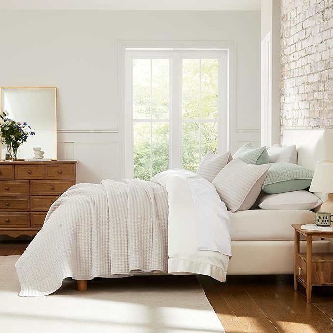 WDCOZY Beige Pick Stitch Twin Size Quilt Set, Striped Lightweight Soft Summer Spring Bedspread, Bamboo Linen Like Textured Coverlet, Chambray Farmhouse Country Rustic Bedding, Netural Thin Comforter