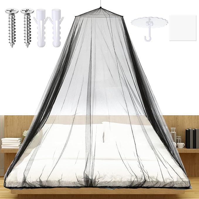 Fully Enclosed Mosquito Net Round Dome Canopy for King-Sized Beds No Opening Conical Design Bed Canopy for Insect Protection Easy Installation with Hanging Kit & Adhesive Ceiling Hook (Black)