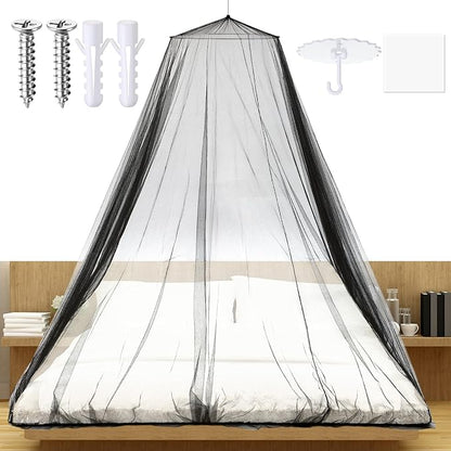 Fully Enclosed Mosquito Net Round Dome Canopy for King-Sized Beds No Opening Conical Design Bed Canopy for Insect Protection Easy Installation with Hanging Kit & Adhesive Ceiling Hook (Black)