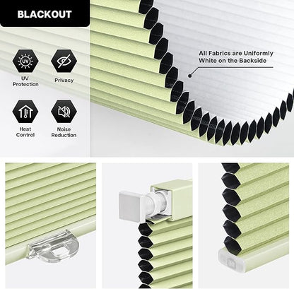 LazBlinds Cordless Cellular Shades, No Tools No Drill Blackout Honeycomb Shades Pleated Blinds for Windows, 46" W x 64" H, Green