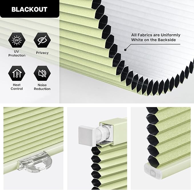 LazBlinds Cordless Cellular Shades, No Tools No Drill Blackout Honeycomb Shades Pleated Blinds for Windows, 33 1/2" W x 64" H, Green