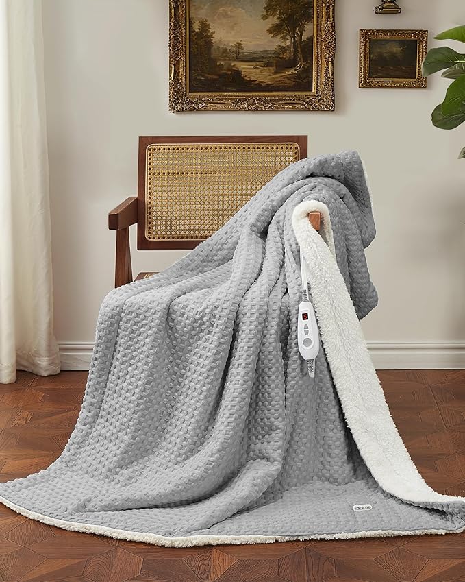 CAROMIO Heated Blanket Throw, Waffle Weave Electric Throw Blanket Fast Heating with LCD Controller, 6 Heat Levels & 4 Hour Auto Shut Off, ETL Certified, Machine Washable, Grey, 50" x 60"