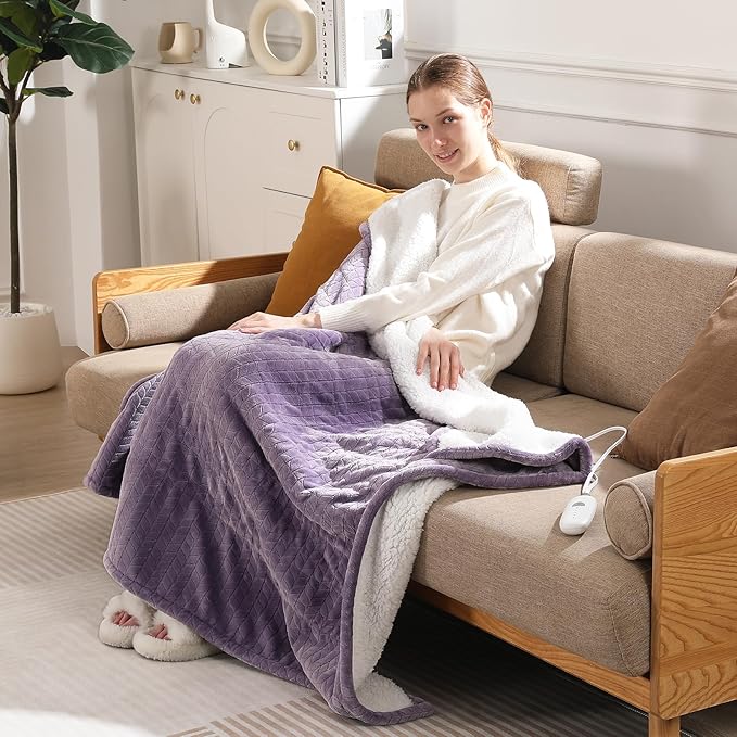 Electric Throw Blanket Heated Throw 50''x60''- Wheat Pattern Flannel & Sherpa Heated Lap Blanket with 5 Heat Settings & 4-Hour Auto Shut-Off, ETL & FCC Certified, Machine Washable Home Use, Lavender