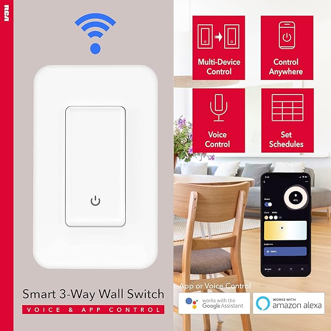 RCA 3-Way Smart Light Switch | Home Décor Smart Wall Switch 600W LED | Wireless Light Switch | Create Schedules via RCA App or WiFi Enabled Voice Control Google Assistant & Alexa Devices for Home