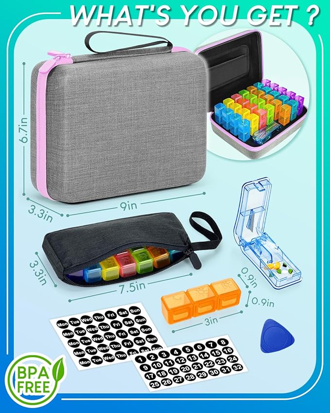 Monthly Pill Organizer 3 Times a Day with Weekly Pill Bags, Portable Hard Shell Case, Pill Cutter & Opener Pick, Monthly and Weekly Stickers for Medication Management (Purple, 3 Times a Day)