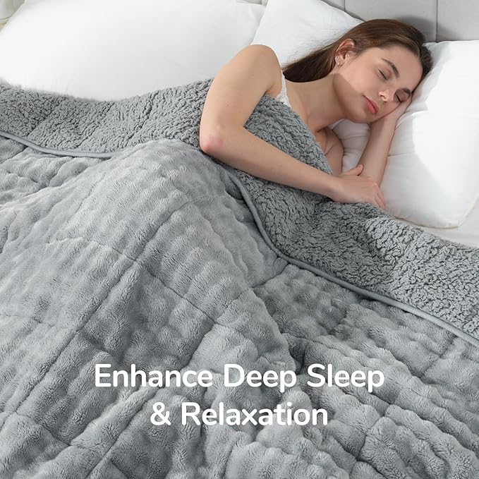 Cottonblue Bubble Weighted Blanket 20lbs for Queen Ded - Ultra Soft, Cozy Comfort Sherpa Faux Fur Blanket for Relax and Sleep, Heavy Bed Blankets with Cemaric Beads, 60x80 Inches, Grey