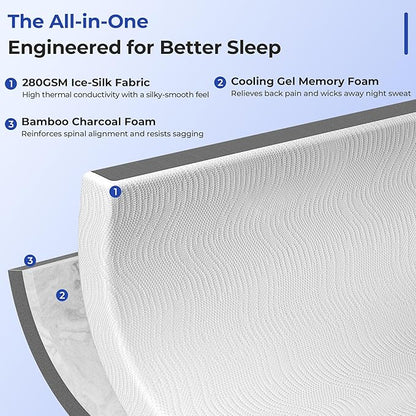 Cooling Mattress Topper Full Size 4 Inch, Cooling Gel & Bamboo Charcoal Memory Foam Mattress Topper for Back Pain Relief, Firm Dual-Layer Foam Bed Pad with Removable Cover