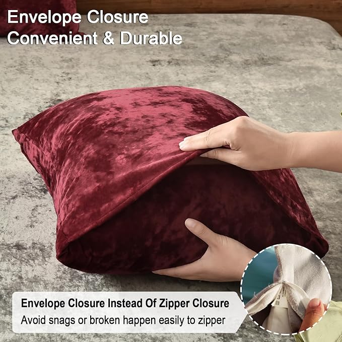 PHF Truly Velvet Pillowcases King Size, No Insert, 2 Pack Ultra Soft Breathable Pillow Shams Covers with Envelope Closure, 20" X 36" Luxury Cozy Warm Fuzzy Flannel, Wine Red