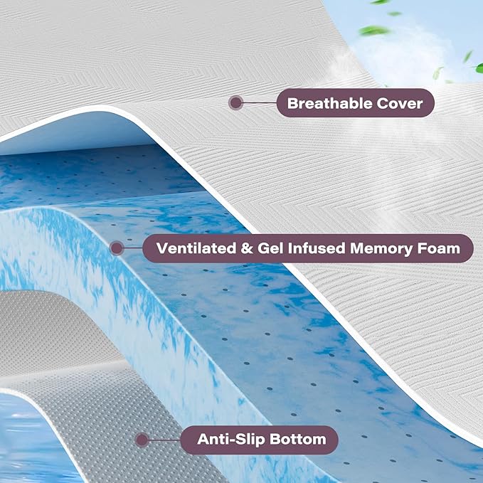 Mattress Topper Twin XL College Dorm 2 Inch Memory Foam Ventilated Breathable Cooling Mattress Pad with Removable Soft Cover Portable Bed Topper for Back Pain, CertiPUR-US Certified