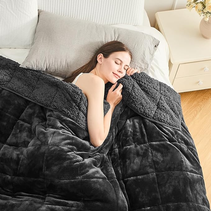 Cottonblue Sherpa Fleece Weighted Blanket 12lbs for Twin/Full Bed, Plush Bed Weighted Throw Blankets for Deep Sleep and Relaxation, Heavy Calm Blankets with Cemaric Beads, 48x72 Inches, Black