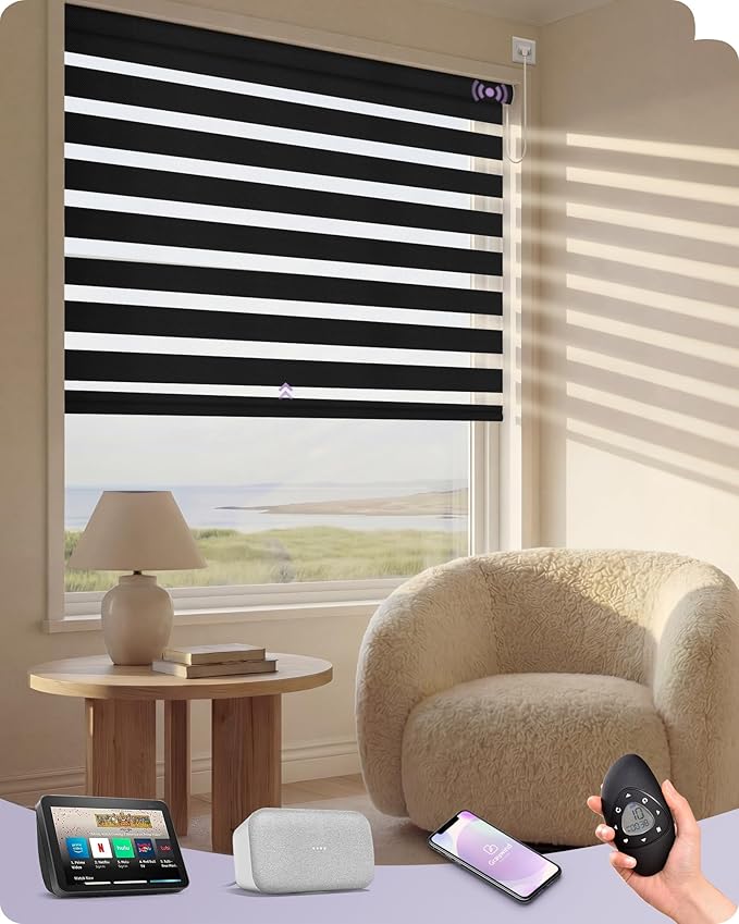Graywind Motorized Blinds with Remote, Smart Zebra Shades for Windows, Hardwired Roller Blinds Compatible with Apple Homekit, Alexa, Google Home, Custom Size, Luxury Black