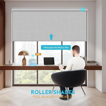 Motorized Blinds with Remote, Smart Roller Shades Compatible with Alexa, Automatic 100% Blackout Blinds Durable Rechargeable Battery Solar Power Customized Size (3-Layer White)