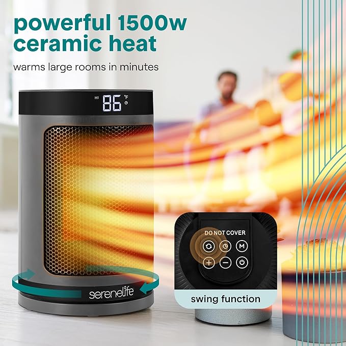 SereneLife Smart Space Heater – 1500W Indoor Electric Heater with Thermostat, Remote Control, 12-Hour Timer, Wi-Fi Enabled PTC Ceramic Heating for Home and Office, Gray (5.9" x 5.9" x 9.5")