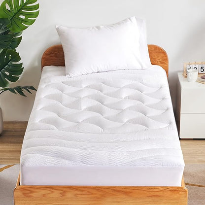 SLEEP ZONE Cooling Twin Mattress Topper for Single Bed, Premium Zoned Cool Mattress Pad Cover, Padded Mattress Protector Breathable Washable, Deep Pocket 8-21" (White, Twin)