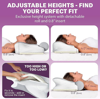 Cervical Neck Pillow for Sleeping, Dreamers Relief Pillow, Side Sleeper Pillow for Adults, Adjustable Height Memory Foam Pillow and Detachable Roll, Back & Stomach Sleeping Neck Pain Relief (Gray)