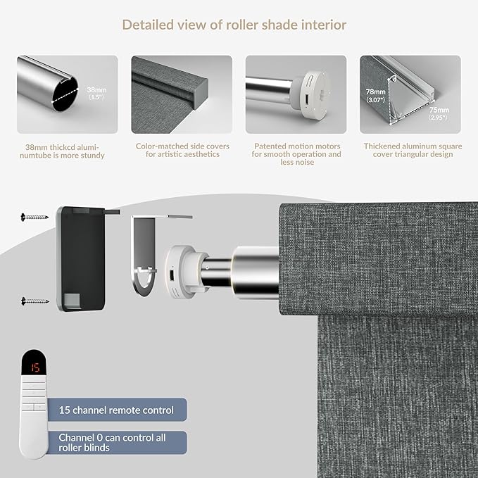 Boolegon Motorized Roller Blinds with Remote Control,Light Filtering Linen Fabric-Matched Automatic Roller Shades for Windows,Rechargeable Electric Window Shades for Home,Office,Grey,Custom Now