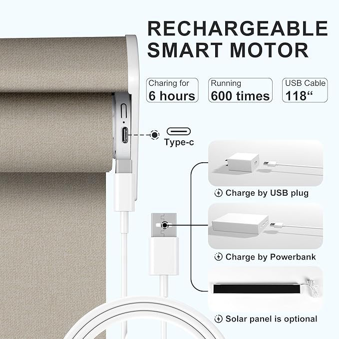 BERISSA Motorized Blinds with Remote,Light Filtering Smart Roller Shades with App,Voice Control,See-Through Fabric,Thermal Insulated Automatic Blinds,Electric Shades with USB/Solar Pannel.Solar Beige