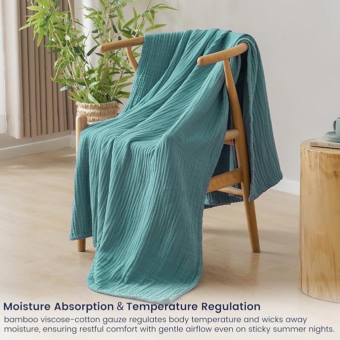 PHF Cooling Muslin Throw Blanket for Hot Sleepers, 60% Viscose from Bamboo, 40% Cotton and 4-Layer Breathable Gauze Blanket for Bed Couch, 50"x60", Teal Blue