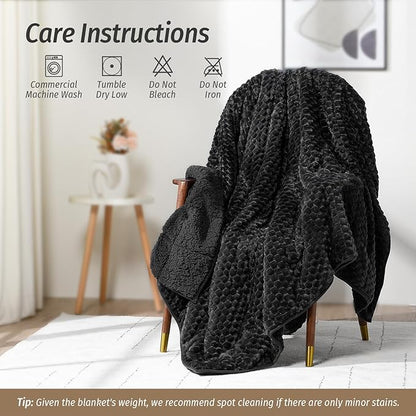 Wemore Fleece Weighted Blanket for Adults (48" x 72" 15lbs, Black), Dual Sided Cozy Soft Sherpa Heavy Blanket, 3D Imitation Turtle Shell Warm Jacquard Flannel Weighted Blankets