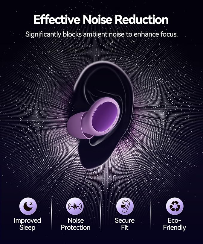 Ear Plugs for Sleeping 45dB Noise Cancelling Ear Plugs for Noise Reduction & Snoring, Concerts, Earplugs for Sleep,Sider Sleepers Airplane, Silicone Earplugs Reusable Concert Ear Plug+8Tip Pale Violet