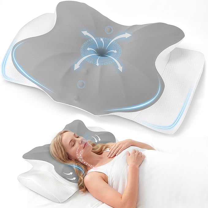 Cervical Pillow for Neck and Shoulder Support, Ergonomic Contour Pillow for Pain Relief, 2 Heights Cooling Memory Foam Orthopedic Pillow for Side Back Stomach Sleepers Grey White