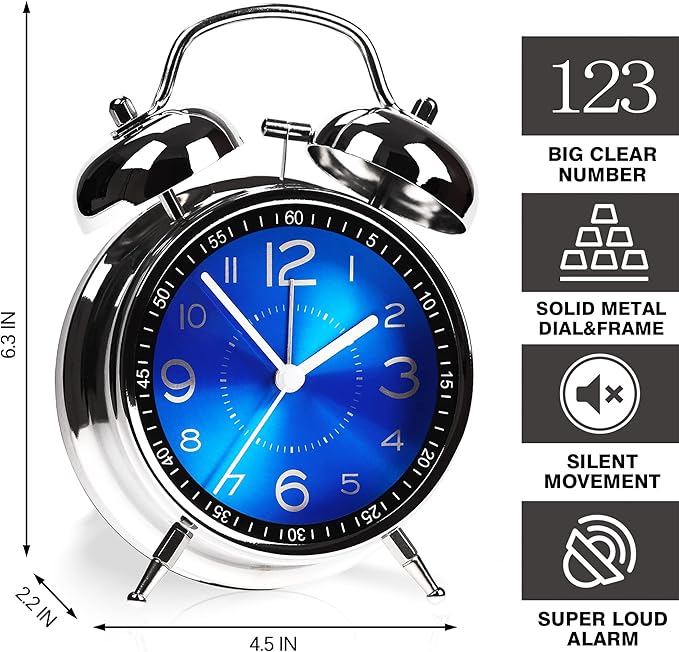 Super Loud Alarm Clock for Heavy Sleepers Adults,Twin Bell Retro 4 Inch Silent Non-Ticking Quartz with Backlight, Metal dial, Alarm Clocks for Bedrooms Bedside (Blue)