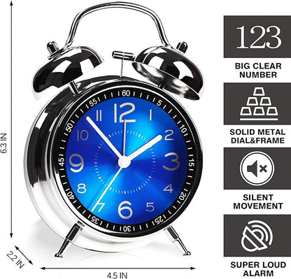 Super Loud Alarm Clock for Heavy Sleepers Adults,Twin Bell Retro 4 Inch Silent Non-Ticking Quartz with Backlight, Metal dial, Alarm Clocks for Bedrooms Bedside (Blue)