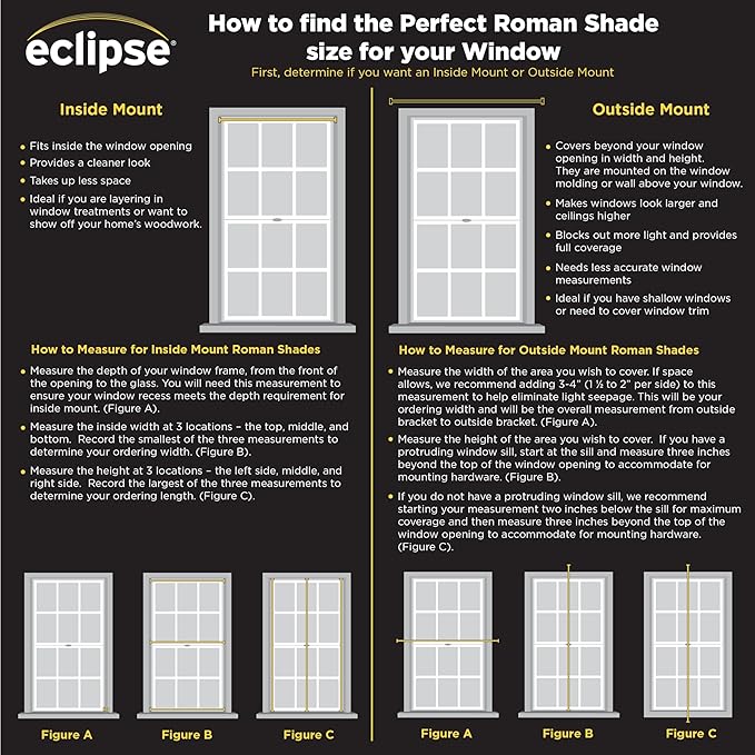 Eclipse Rozel 100% Blackout Window Roman Shade, 35 in Wide x 64 in Long, Cordless, Thermal and Noise Reducing Interior Shade Window Treatment for Home Privacy & Energy-Efficiency, White
