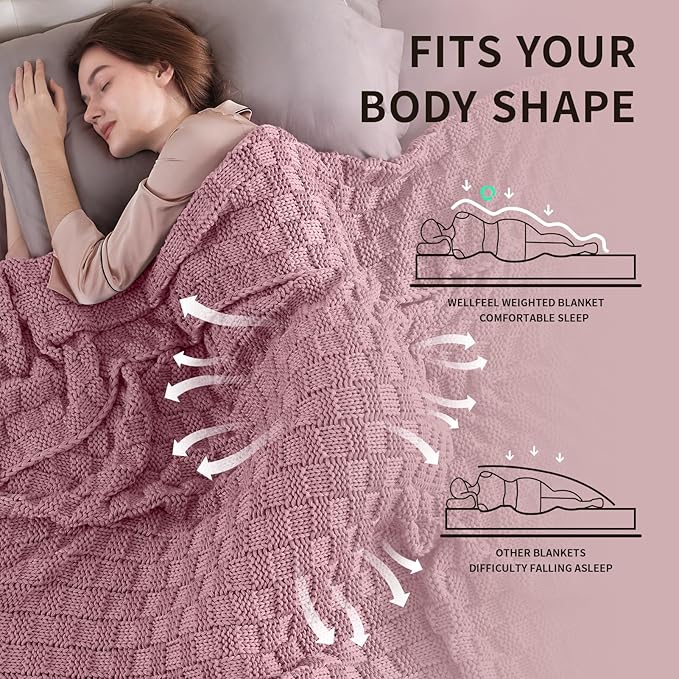 Knitted Weighted Blanket for Adult, No Beads Heavy Blanket 60” x 80'' 15lbs, Breathable Chunky Knit Blanket, Cooling Weighted Blanket for Hot Sleepers, Christmas Home Decor (Pink)