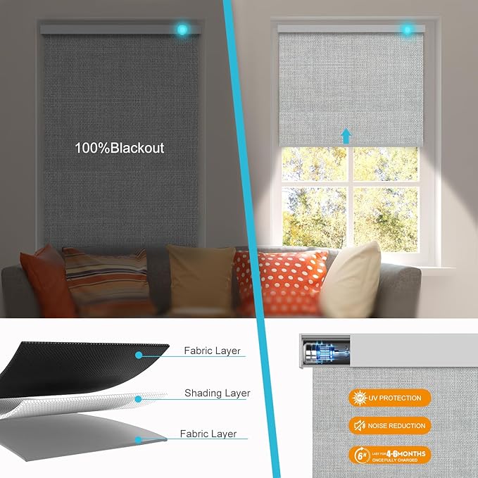 Motorized Blinds with Remote, Smart Blind Roller Shades Compatible with Alexa, Durable Rechargeable Battery Solar Power Electric Window Blinds Motorized Shades Customized Size (3-Layer Grey)