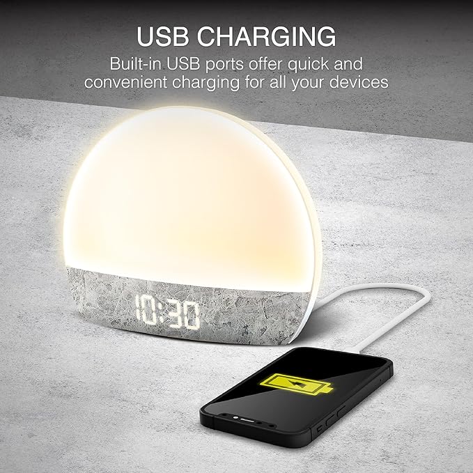 Swissbrand Sunrise Alarm Clock with Multicolor LED Light, USB Charging & Indoor Temperature – Concrete-Print Digital Clock for Bedroom Nightstand