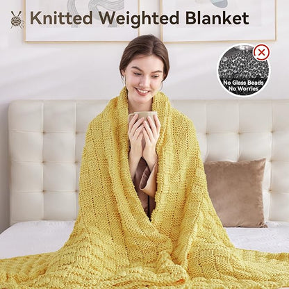 Knitted Weighted Blanket for Adult, No Beads Heavy Blanket 60” x 80'' 12lbs, Breathable Chunky Knit Blanket, Cooling Weighted Blanket for Hot Sleepers, Christmas Home Decor (Yellow)